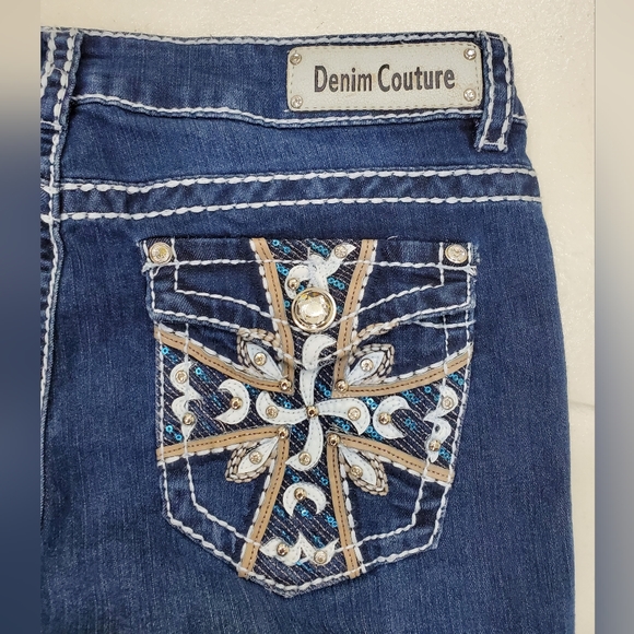 Denim Couture jeans junior size 13 Dark wash Faded White stitching Glam pockets - Picture 4 of 13
